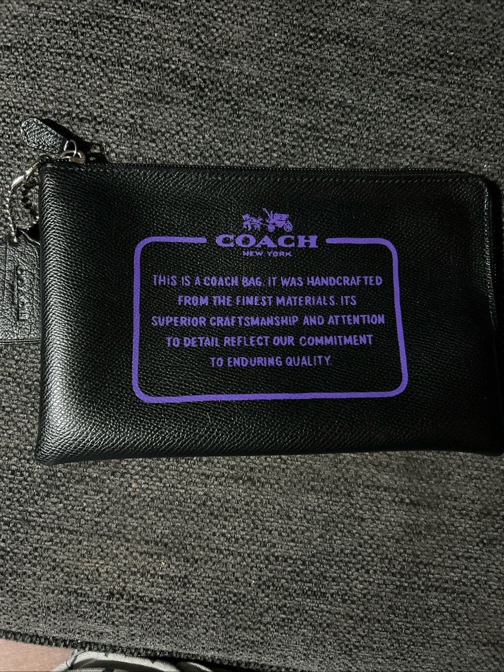 Coach Story Patch Black Leather Cover Creed Pouch with Purple Logo Print